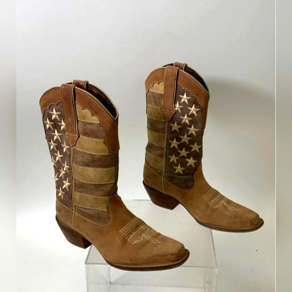 Durango Beige and Brown Patriotic Flag Cowboy Cowgirl Western Boots Women 6.5 - Picture 2 of 8